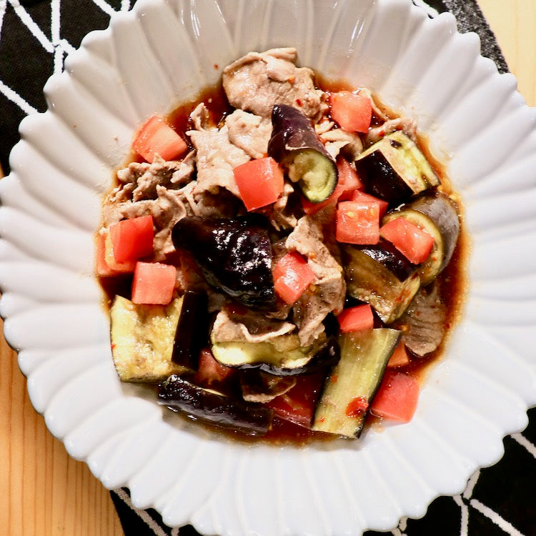 爽やかでしっかり主菜、豚肉となすとトマトのポン酢和え(3人分)