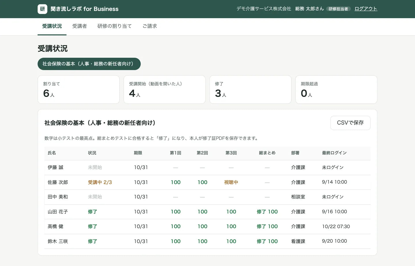 研修担当者の受講状況の画面